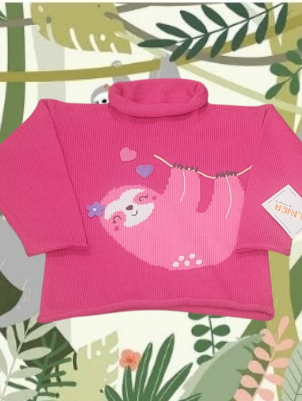 Claver Girl's Rollneck Hot Pink "Sloth" Graphic Knit Sweater